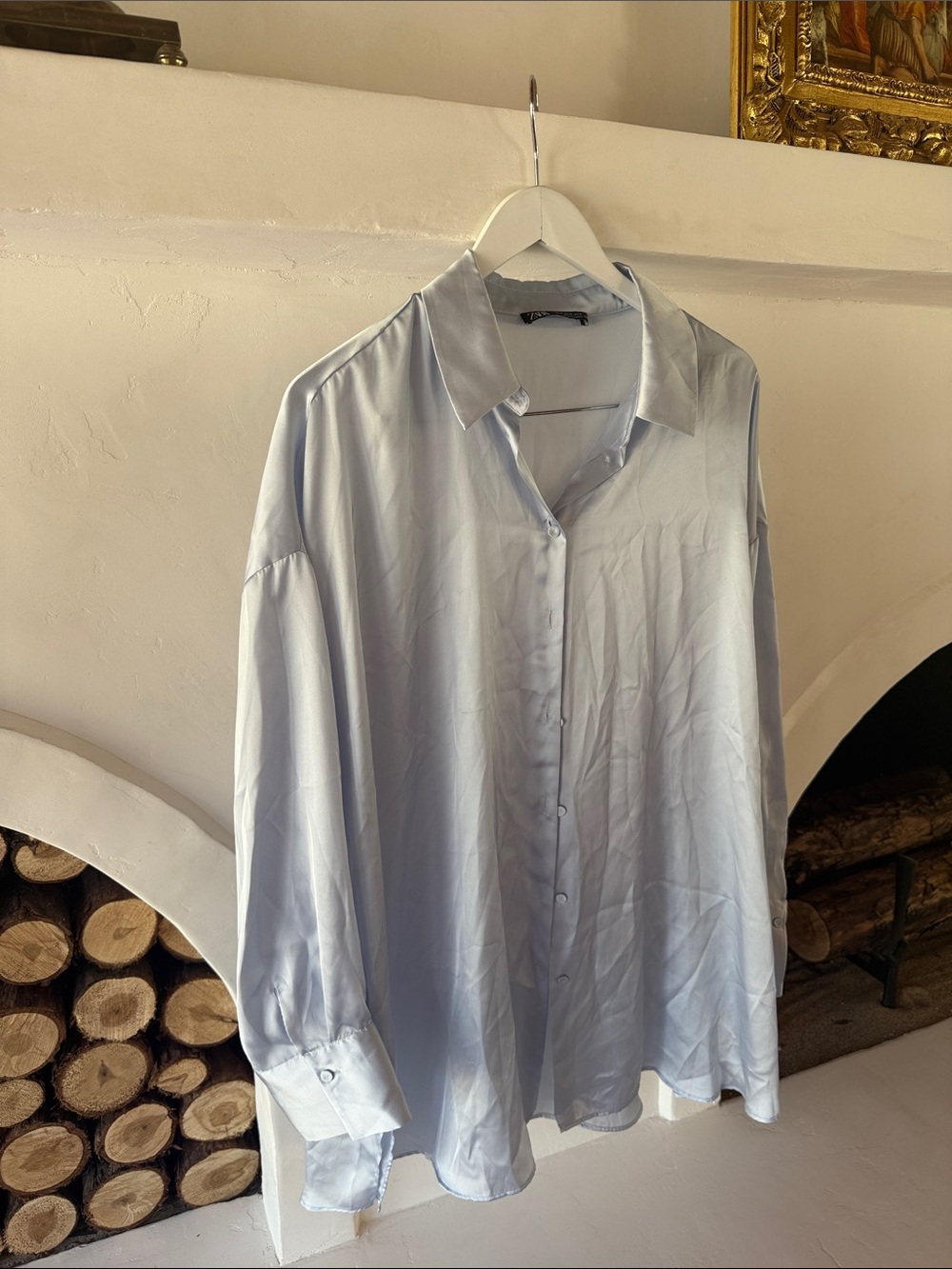 Zara Light Blue Women's Satin Button-Up Shirt
